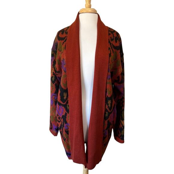 Accent Vintage Women L Open Long Cardigan Sweater Ikat Tawny Fall Metallic - Picture 2 of 8